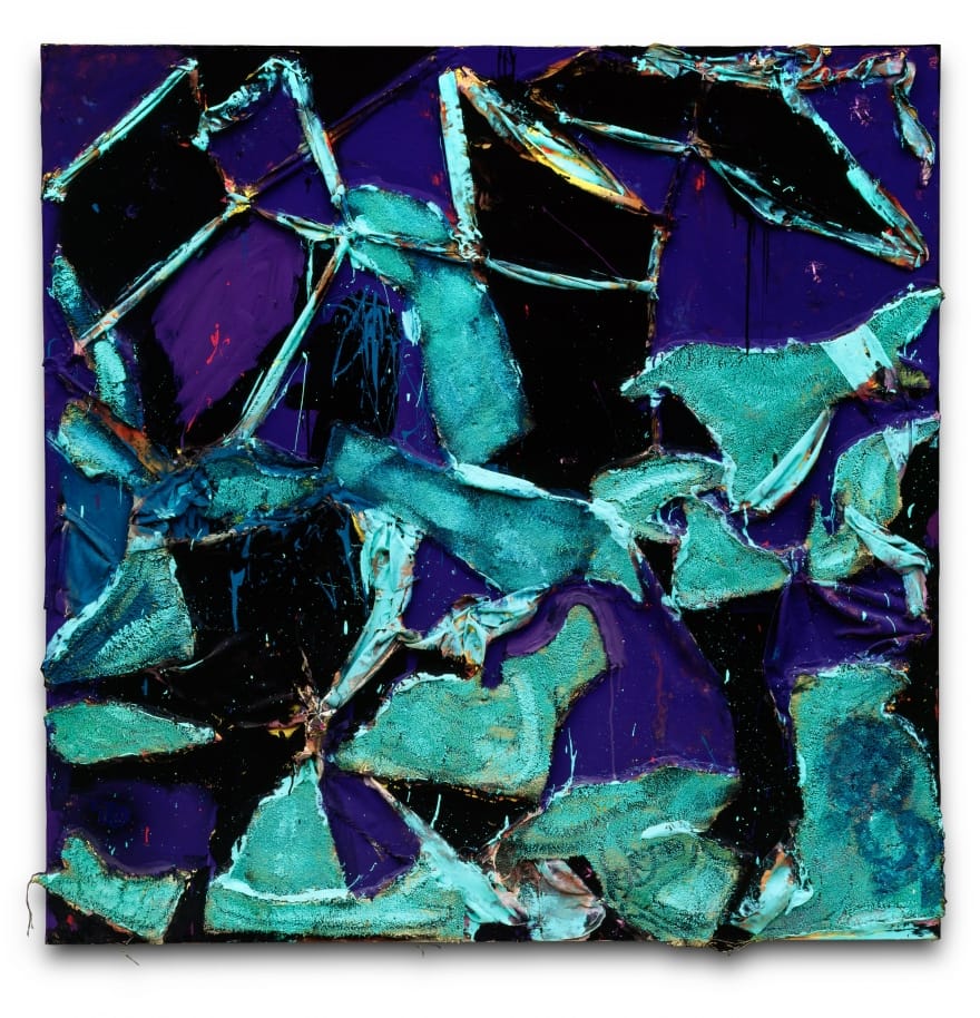 Thornton Dial, "Out of the Darkness, the Lord Gave Us Light" (2003), carpet, cloth, Splash Zone compound, enamel, and spray paint on canvas on wood