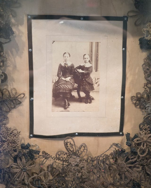 Large shadowbox with hair wreath and photo (mid-19th-century), collection of Evan Michelson
