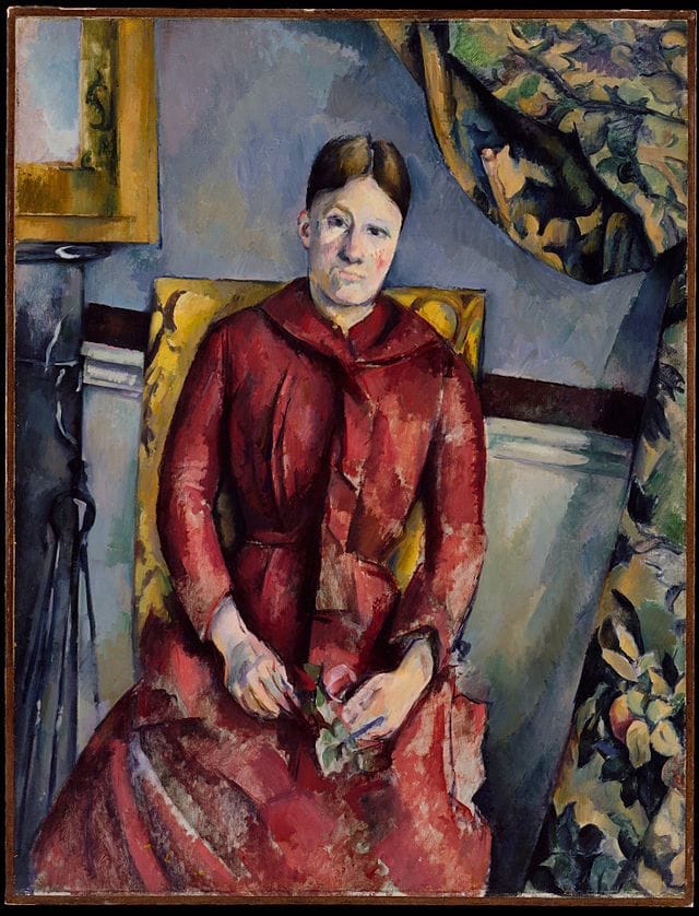 Paul Cézanne, "Madame Cézanne (Hortense Fiquet, 1850–1922) in a Red Dress" (1888-90), oil on canvas, 45 7/8 x 35 1/4 inches. The Metropolitan Museum of Art, New York (via wikipedia)