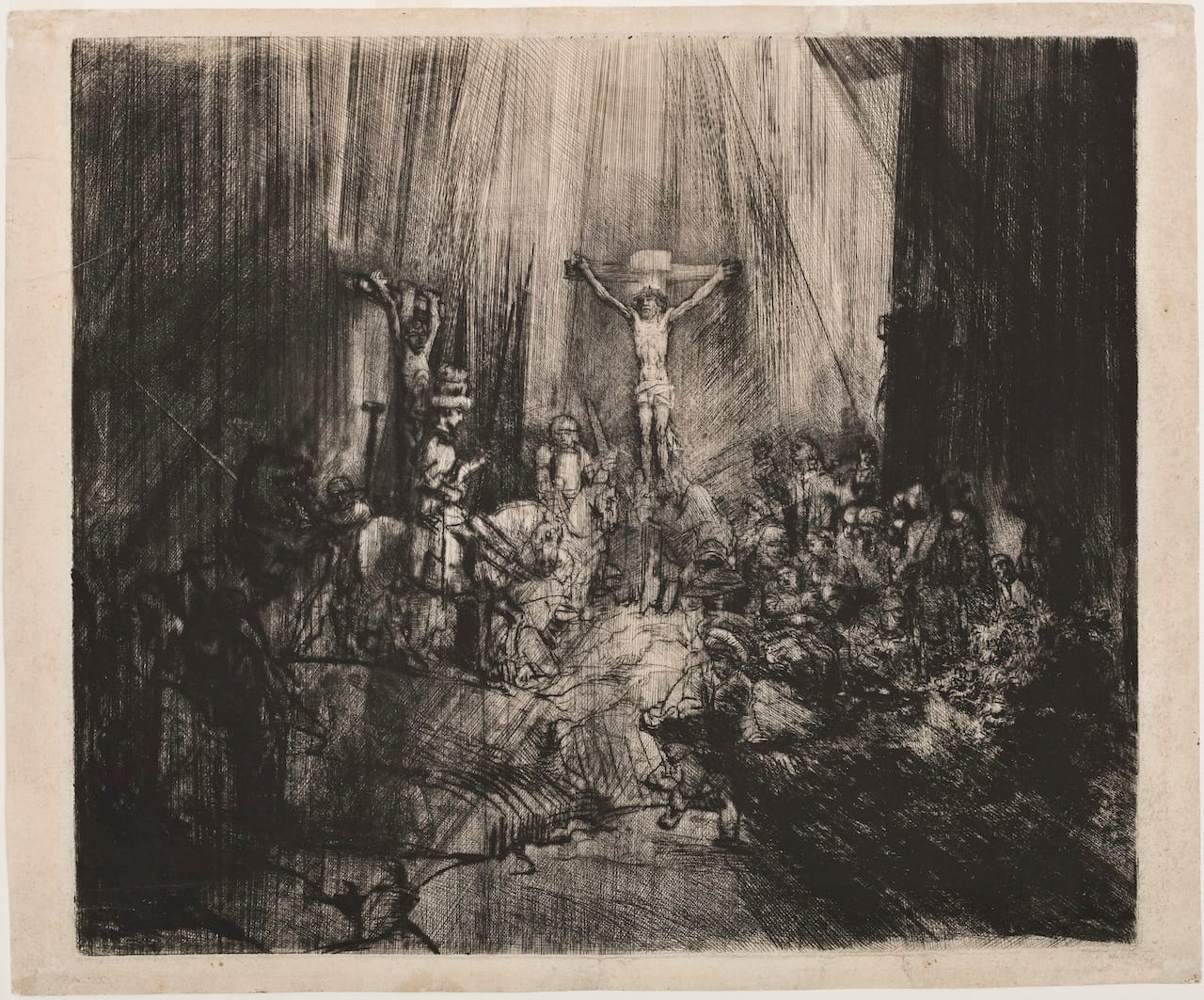 Rembrandt van Rijn Christ Crucified Between Two Thieves (The Three Crosses), 1653–55 Drypoint with burin on cream laid paper Jansma Collection, Grand Rapids Art Museum, 2007.11