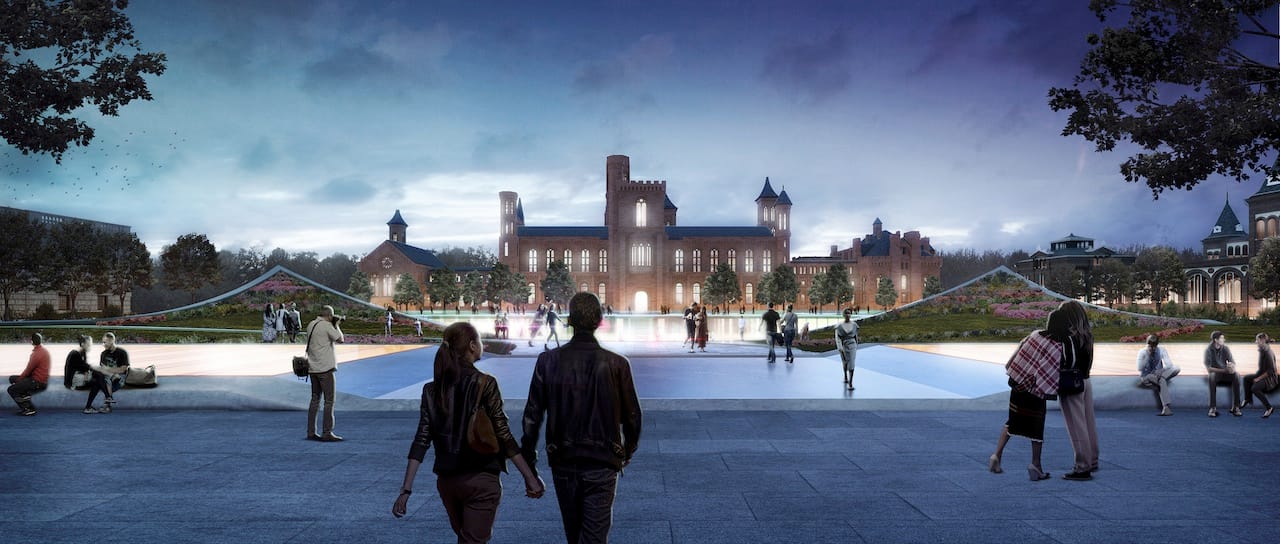Artist's rendering of the Castle and the Haupt Garden as seen from Indpendence Avenue at dusk (Image courteys of the Smithsonian)