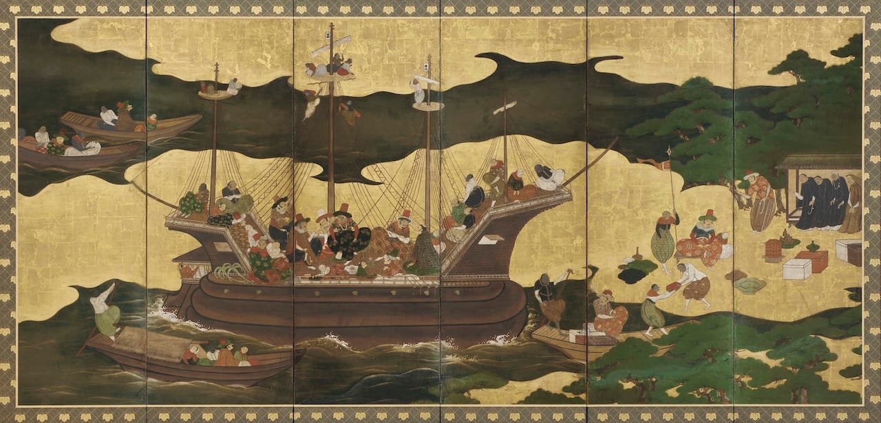 Southern Barbarians in Japan  Japan, Edo period, 17th century  Ink, color, and gold on paper  H x W: 153 x 331 cm  Purchase, Freer Gallery of Art, F1965.22-23
