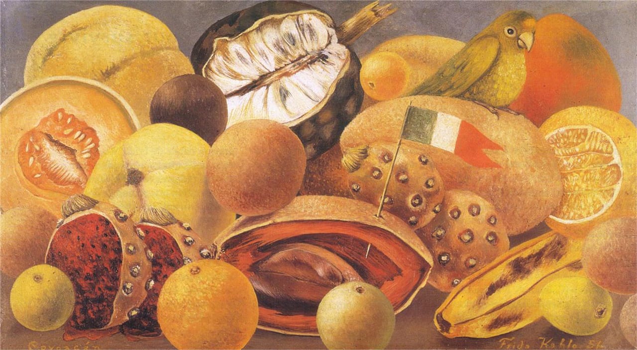 Frida Kahlo, "Still Life with Parrot and Flag" (1951), oil on canvas, 25.4 x 29.7 cm (via wikiart.org)