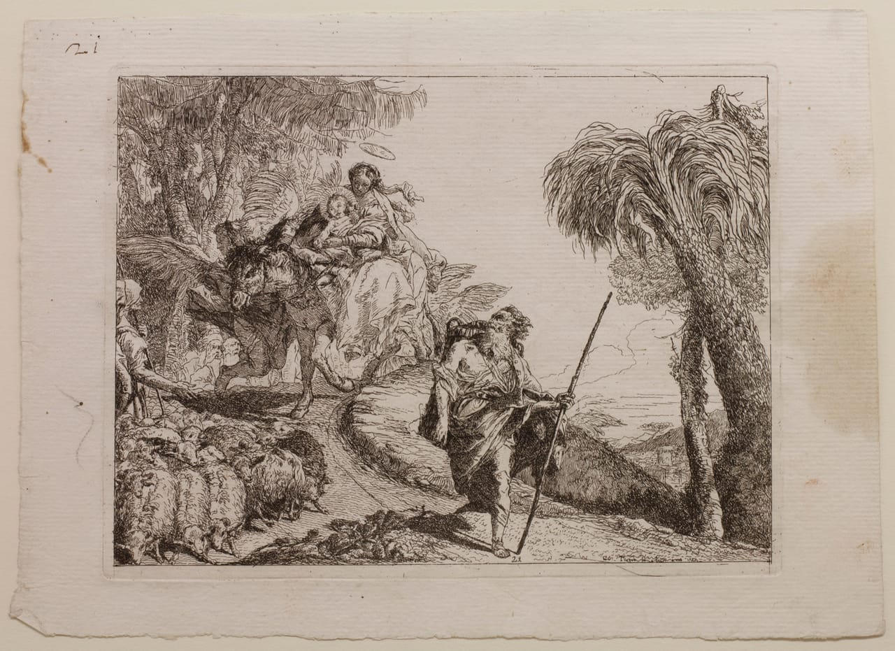 Giovanni Domenico Tiepolo The Holy Family Descending a Forest Path, Near a Flock and Some Shepherds, plate 21 from The Flight into Egypt (Idee pittoresche sopra la fuga in Egitto), 1750–53 Etching on off-white laid paper Jansma Collection, Grand Rapids Art Museum, 2012.40