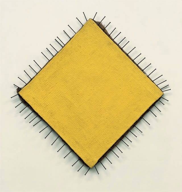 Günther Uecker The Yellow Picture (Das gelbe Bild), 1957–58 Nails and oil on canvas, 87 x 85 cm Private collection © Günther Uecker Photo: Nic Tenwiggenhorn