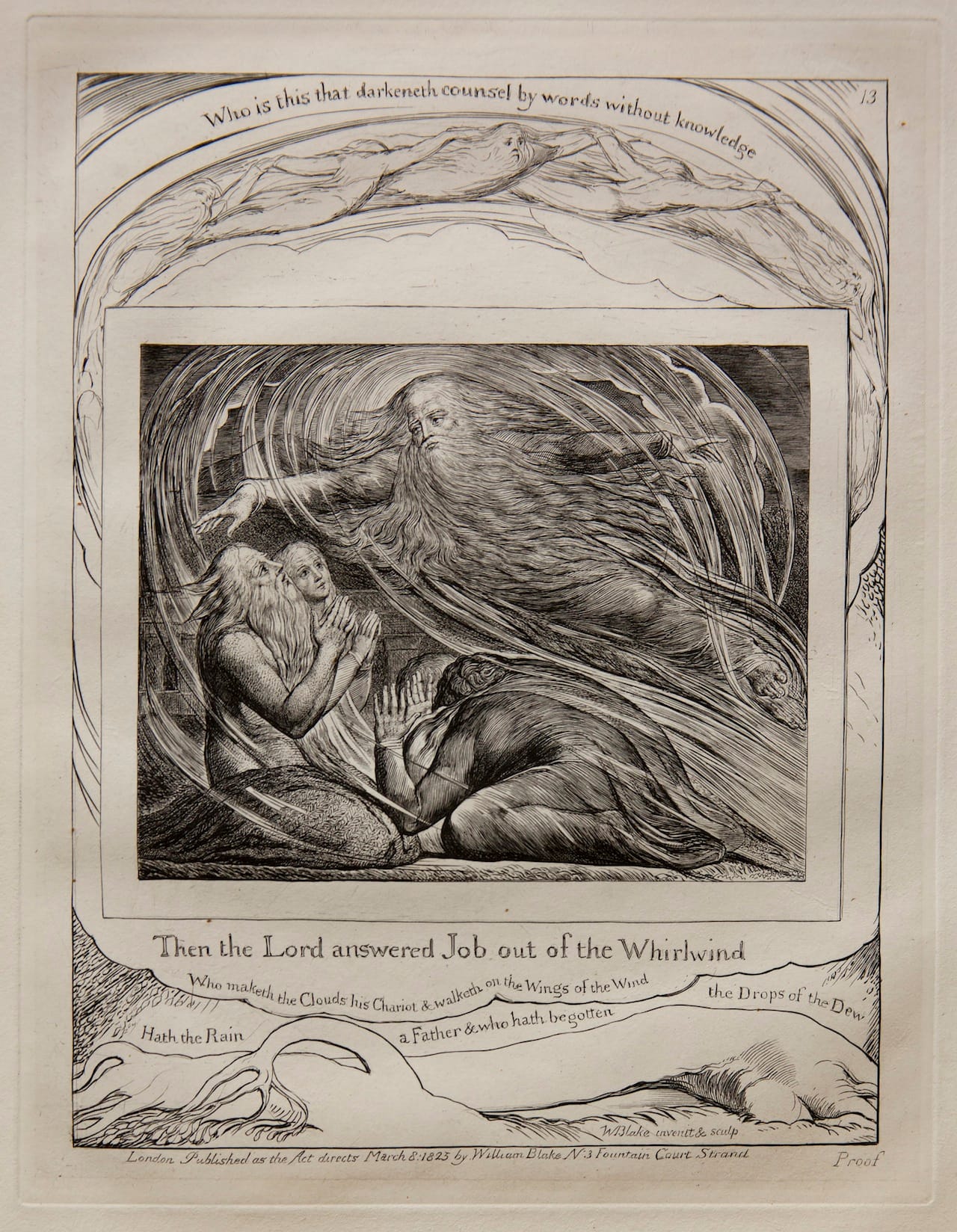 William Blake, The Lord Answering Job out of the Whirlwind, from Illustrations of the Book of Job, 1825 (published 1826) Engraving on India paper chine collé on wove paper Jansma Collection, Grand Rapids Art Museum, 2014.1n