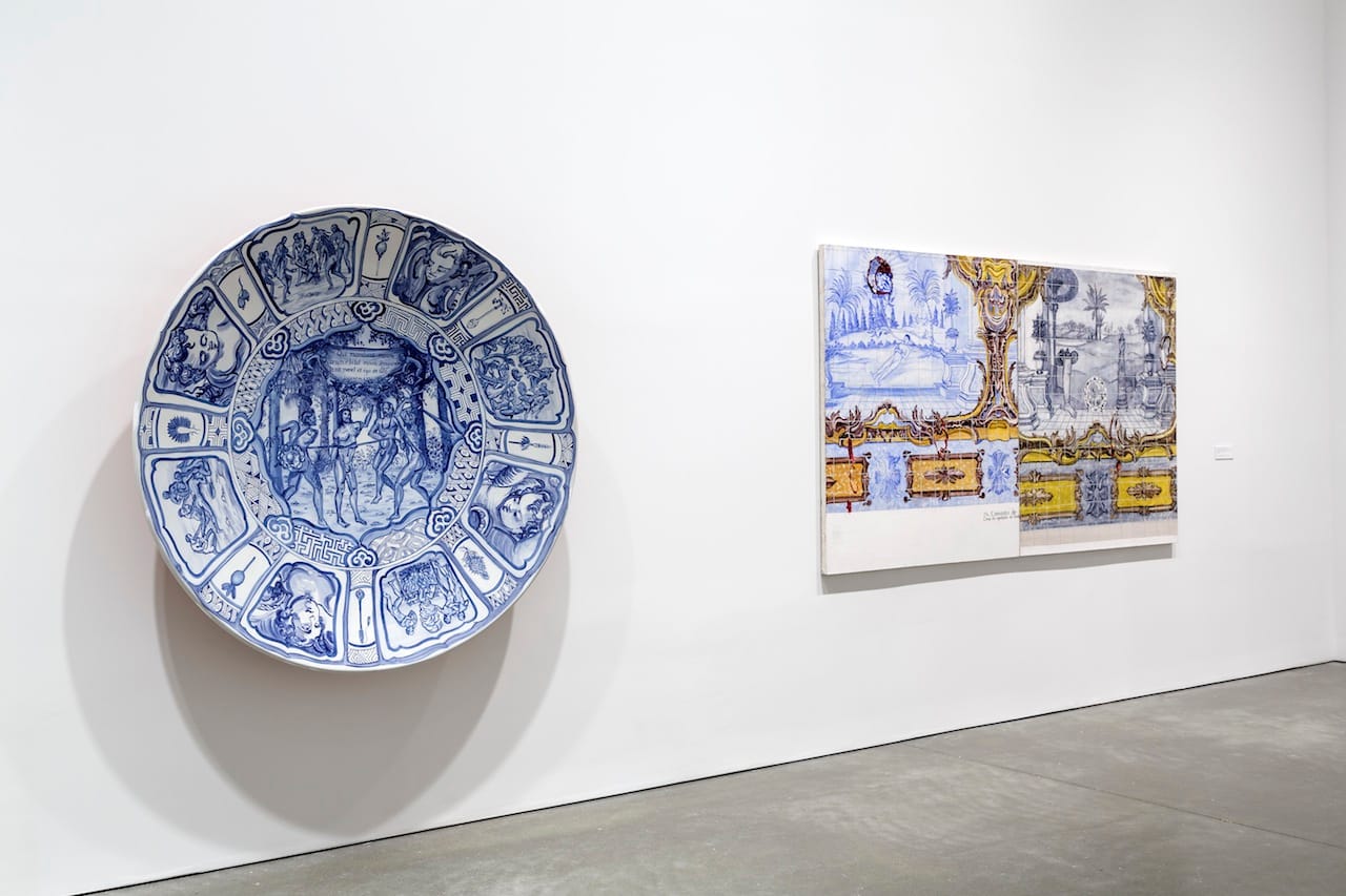 An installation view of Adriana Varejão's solo show at ICA Boston. The artist's work often features azulejo — blue painted Portuguese tiles. The colonizers brought the craft to Brazil.