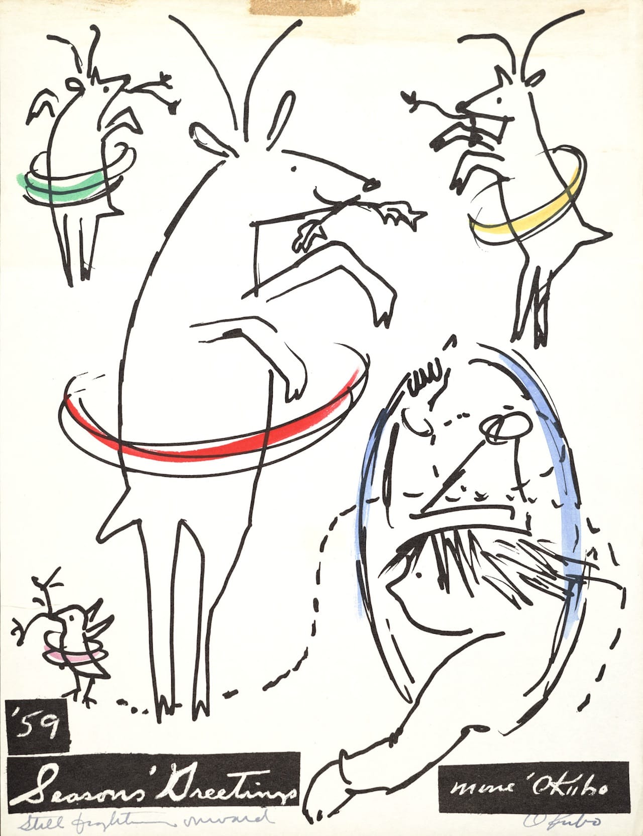 Miné Okubo, "To Bob Stocksdale and Kay Sekimachi" (1959), Hand-colored print, Bob Stocksdale and Kay Sekimachi papers, 1937–2004, Archives of American Art, Smithsonian Institution