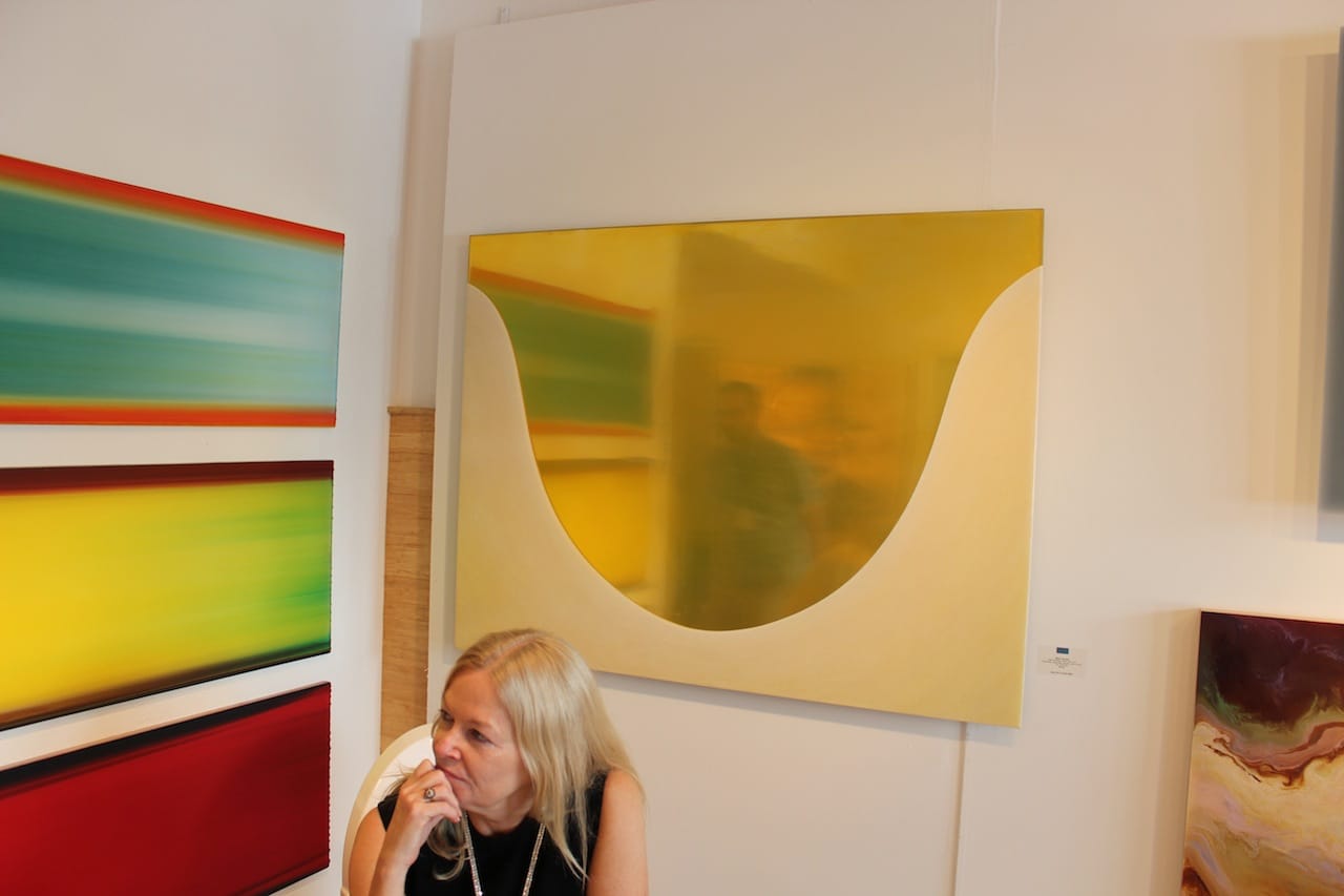 Installation view of the Toomey Tourell booth with Allison Paschke, “Gold and White Vessel: Sine” (2012) on back wall