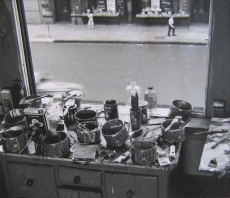 Rudy Burckhardt, "Willem de Kooning Studio I" (1950), gelatin-silver print, 7 x 8 inches