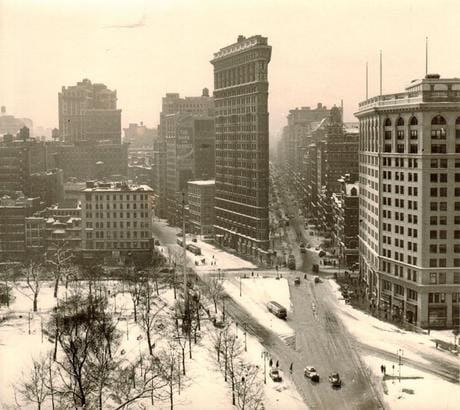 Rudy Burckhardt, "Flat Iron Building, Winter" (1947/48) (vintage), gelatin-silver print, 7 1/4 x 8 1/8 inches