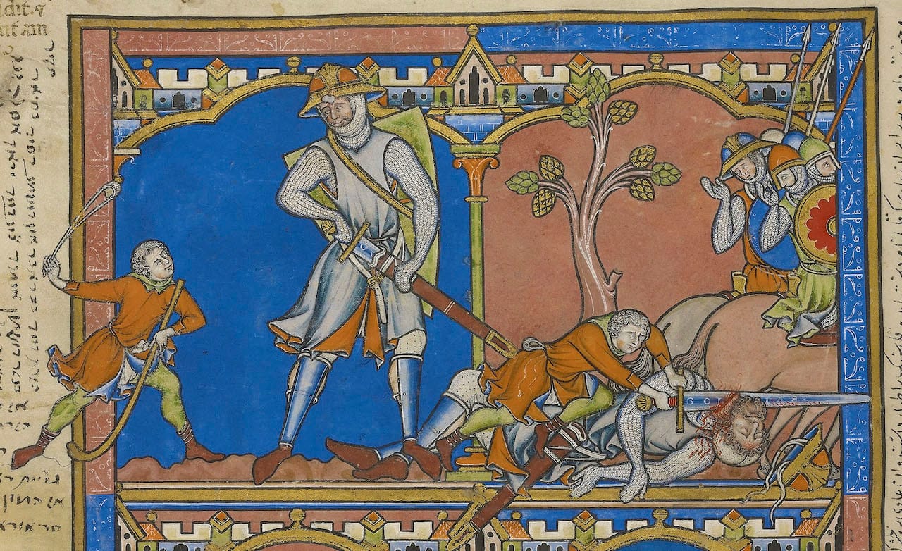 David slays Goliath and cuts off his head. The Crusader Bible fol. 28v (detail). The Morgan Library & Museum. MS M.638, ￼￼Purchased by J. P. Morgan, ￼Jr., 1916.