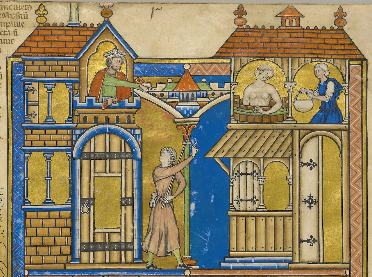 David sees Bathsheba bathing from his balcony, and desires her. The ￼￼Crusader Bible , MS M.638, fol. 41v (detail). The Morgan Library & Museum. ￼Purchased by J. P. Morgan, Jr., 1916