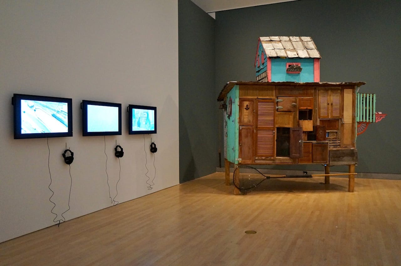 Duke RIley's installation of videos and pigeon coop (filled with pigeons)