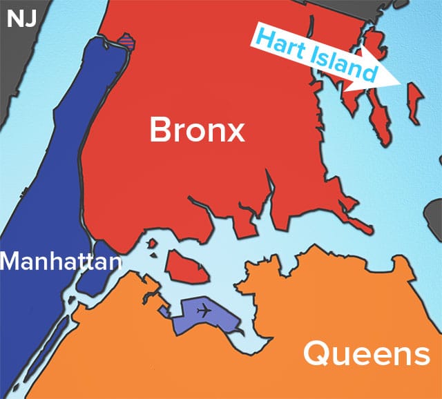 Hart Island is the easternmost point in the Bronx borough of NYC (illustration by Hrag Vartanian/Hyperallergic)