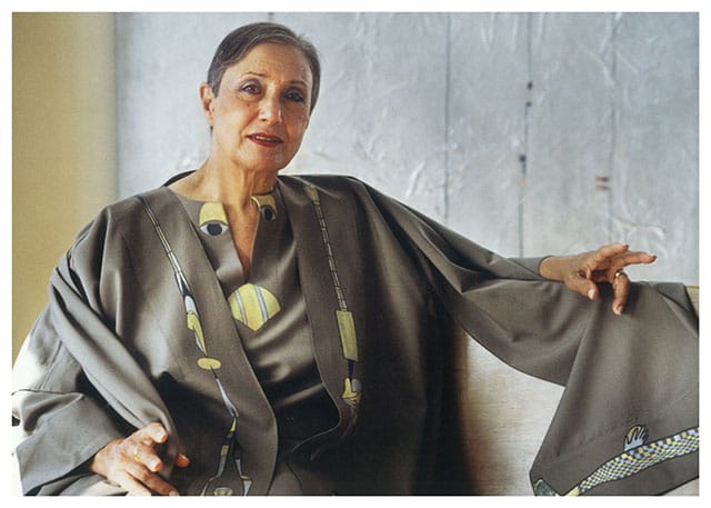 Huguette Caland wearing one of the caftans she designed for Pierre Cardin (image courtesy Lombard Fried Gallery, NYC)