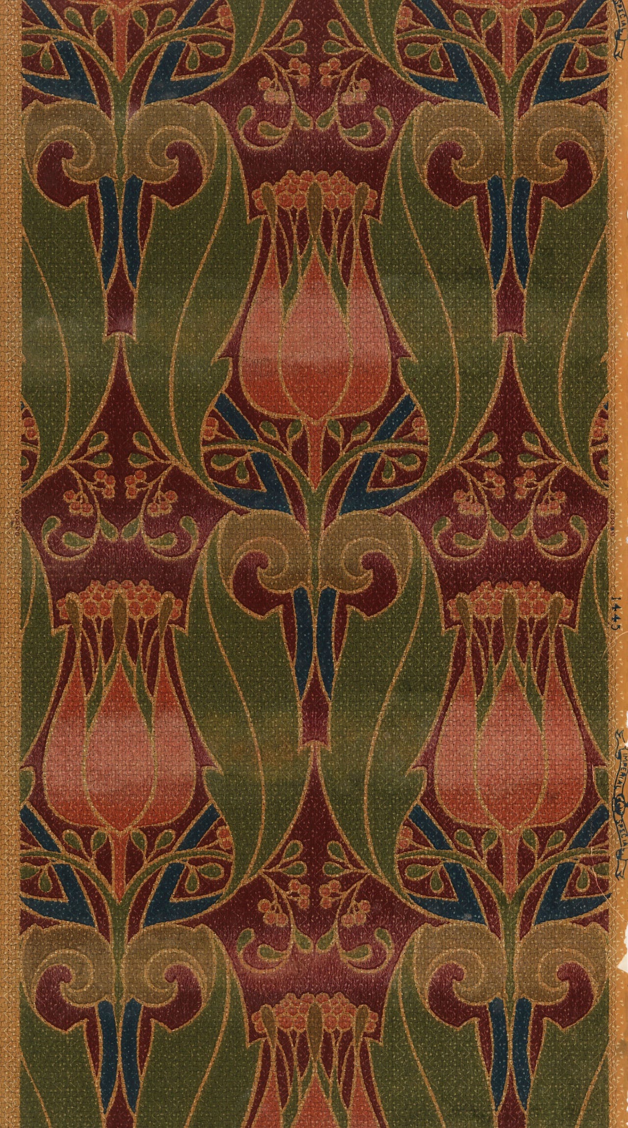 This Art Nouveau wallpaper features tulips and foliate scrolls. It was machine printed by Imperial Wallcoverings between 1900 and 1910. 