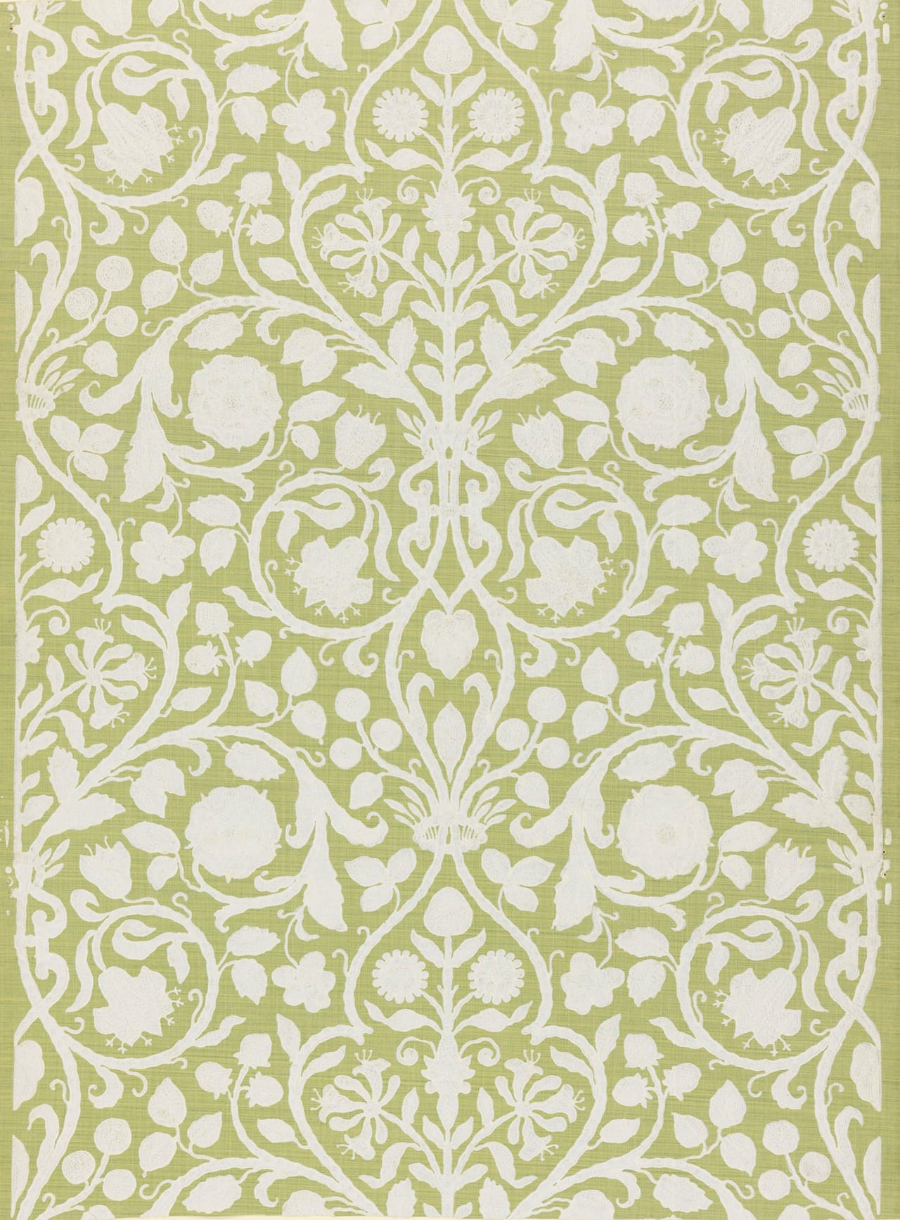 This French wallpaper was block printed by Paul Balin between 1880 and 1898. It features imitation needlework, foliage and Tudor rose motifs. 