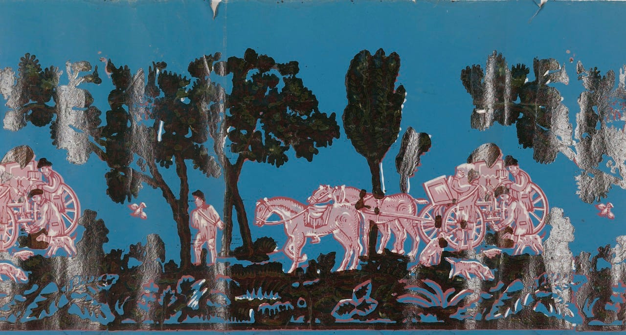 This block-printed landscape scene features a wagon pulled by horses. It was produced between 1825 and 1840 by an unknown maker. 