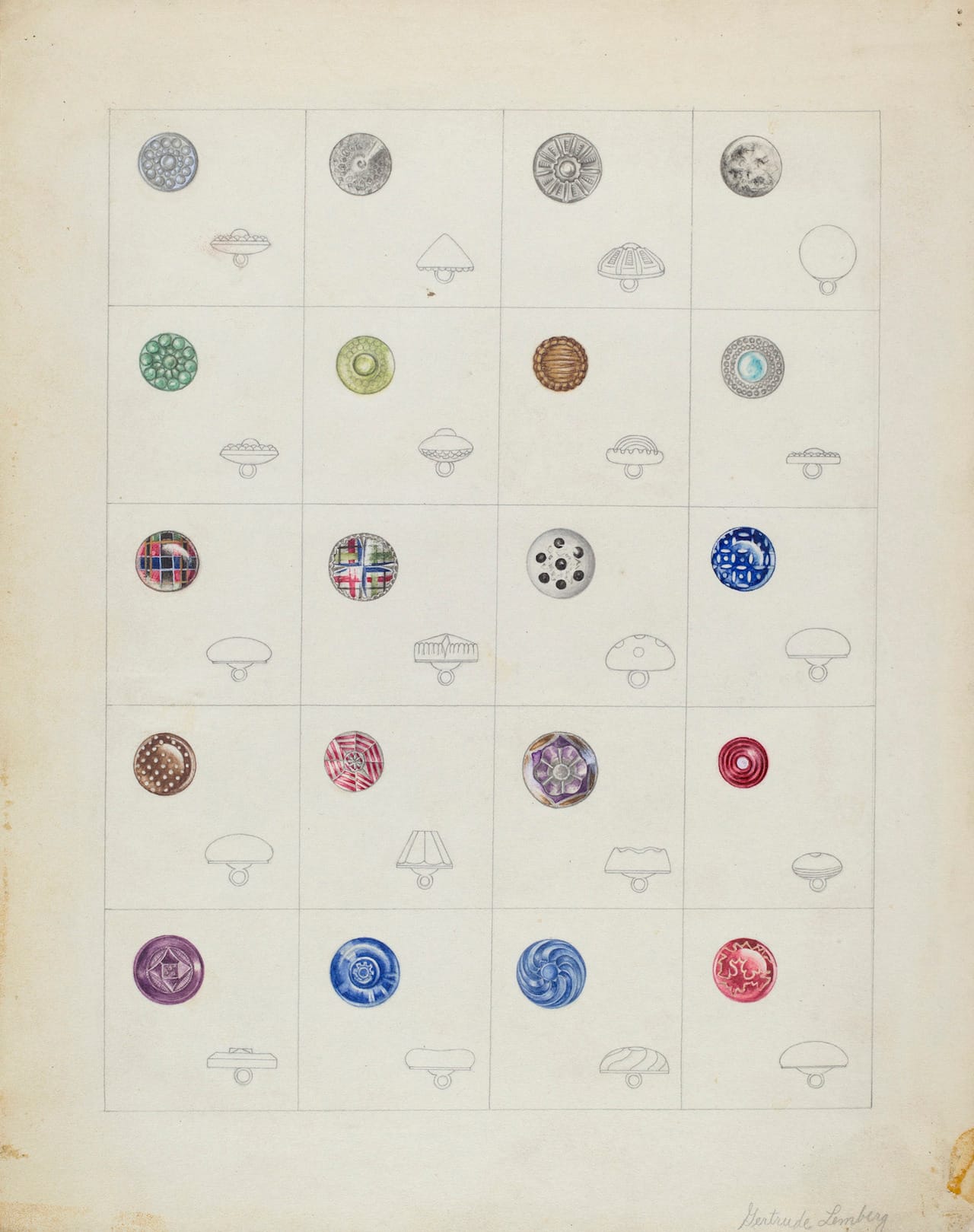 Gertrude Lemberg, Buttons, American, active c. 1935, c. 1937, watercolor and graphite on paperboard, Index of American Design