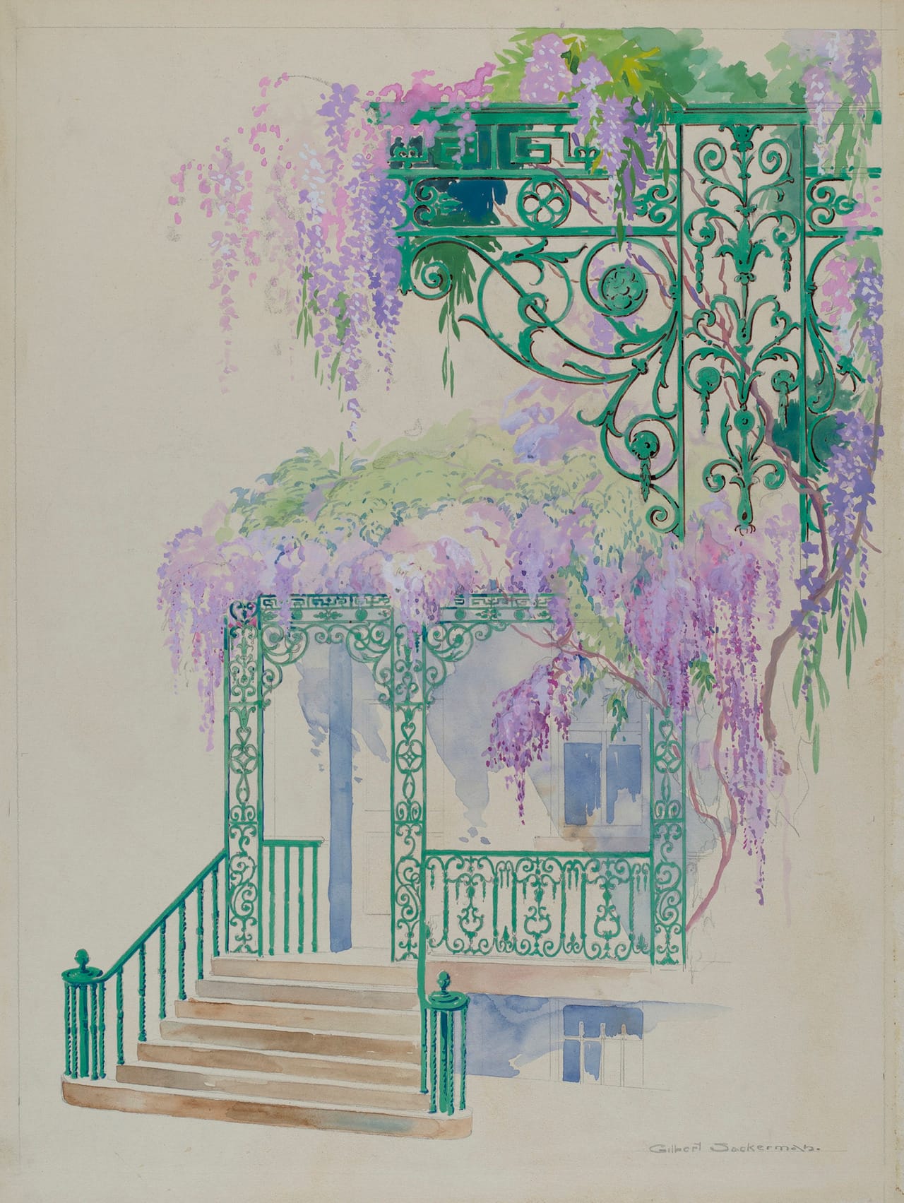 Gilbert Sackerman, Cast Iron Porch Railing, American, active c. 1935, c. 1936, watercolor, graphite, and goauche on paperboard, Index of American Design All images courtesy of the National Gallery of Art 