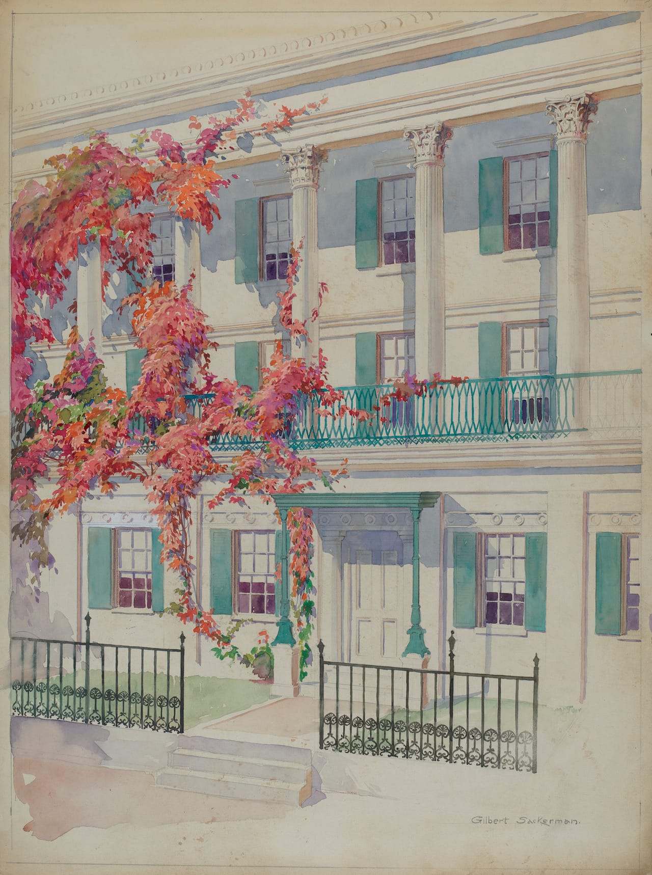 Gilbert Sackerman, Collonade, American, active c. 1935, c. 1936, watercolor, graphite, and colored pencil on paperboard, Index of American Design