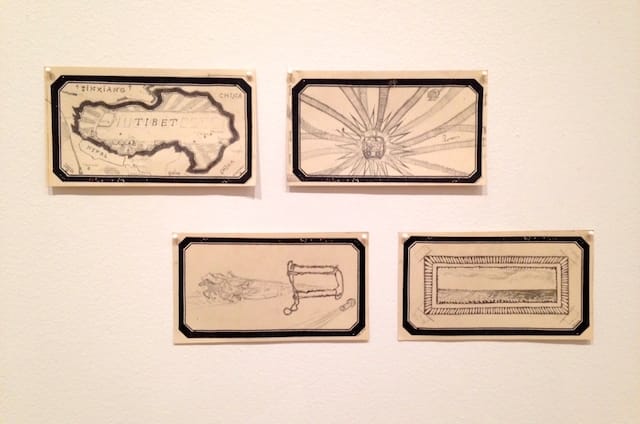 From "The Intuitionists" at the Drawing Center: Maria Bussmann, “The train is always leaving, 1 – 4” (2014), pencil and old postal stickers on paper, each 3 7/10 x 6 2/5 inches.