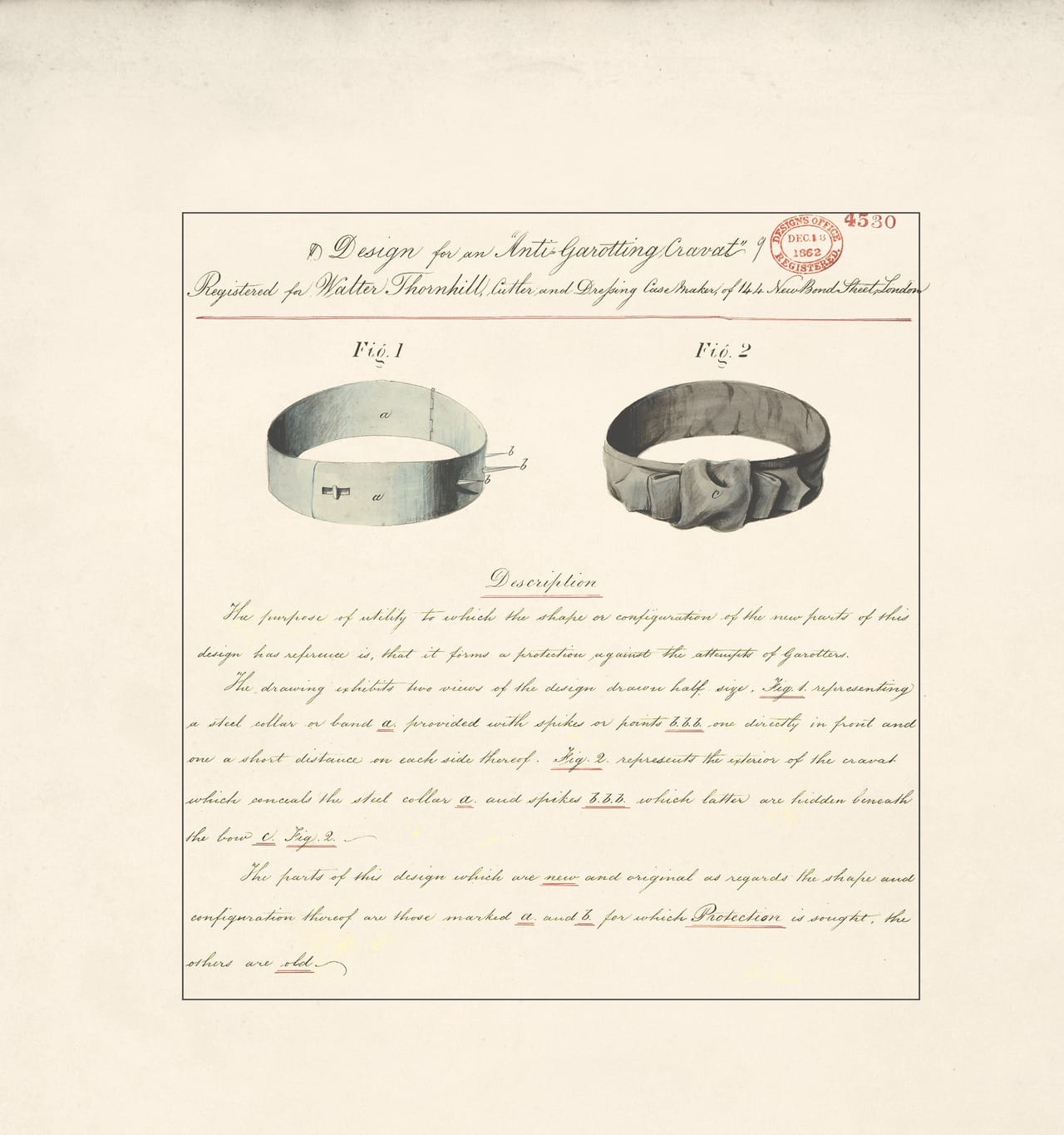Design for an “Anti-Garotting Cravat” by Walter Thornhill, 1862 (BT 45/23) (The National Archives, London, England 2014. © 2014 Crown Copyright)