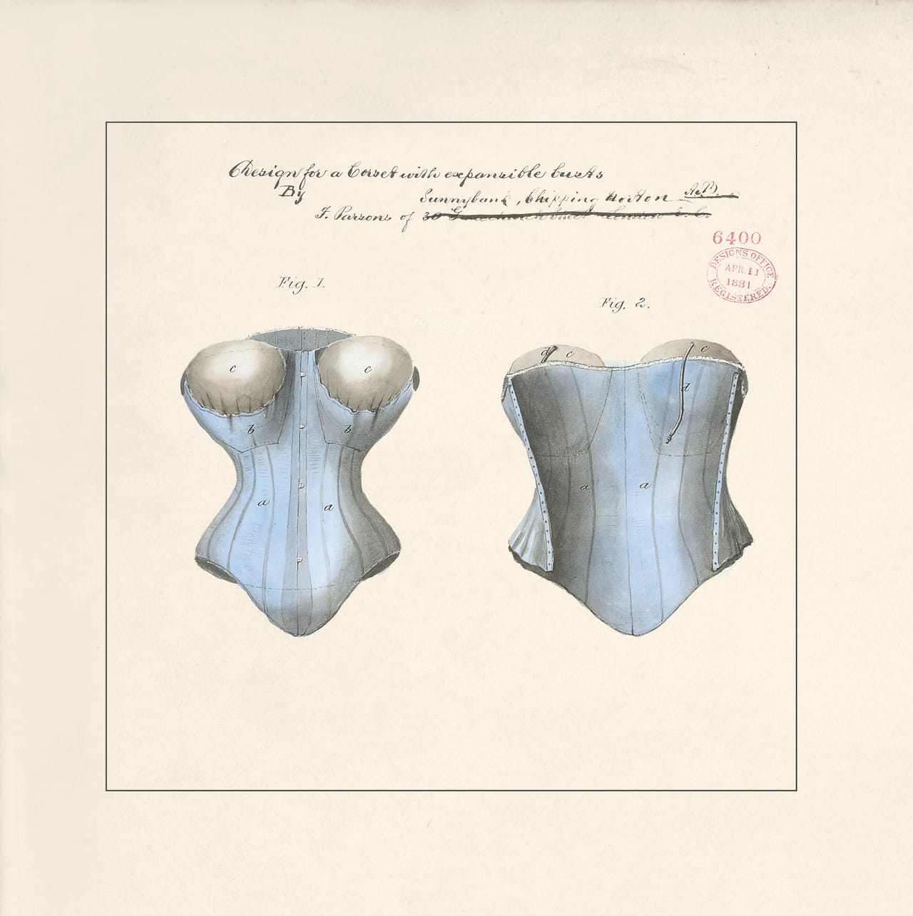 Design for a corset with expandable busts by F. Parsons, 1881 (BT 45/30) (The National Archives, London, England 2014. © 2014 Crown Copyright)