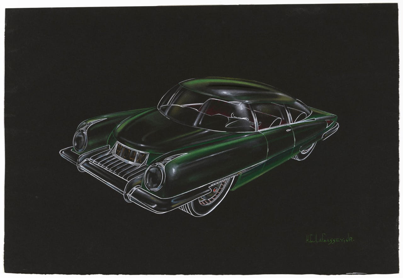 Concept for a two-door sedan, Homer C. LaGassey (American 1924-2014) (c. 1946), Colored crayon, opaque watercolor, Jean S. and Frederic A. Sharf Collection (Courtesy of the Museum of Fine Arts, Boston)