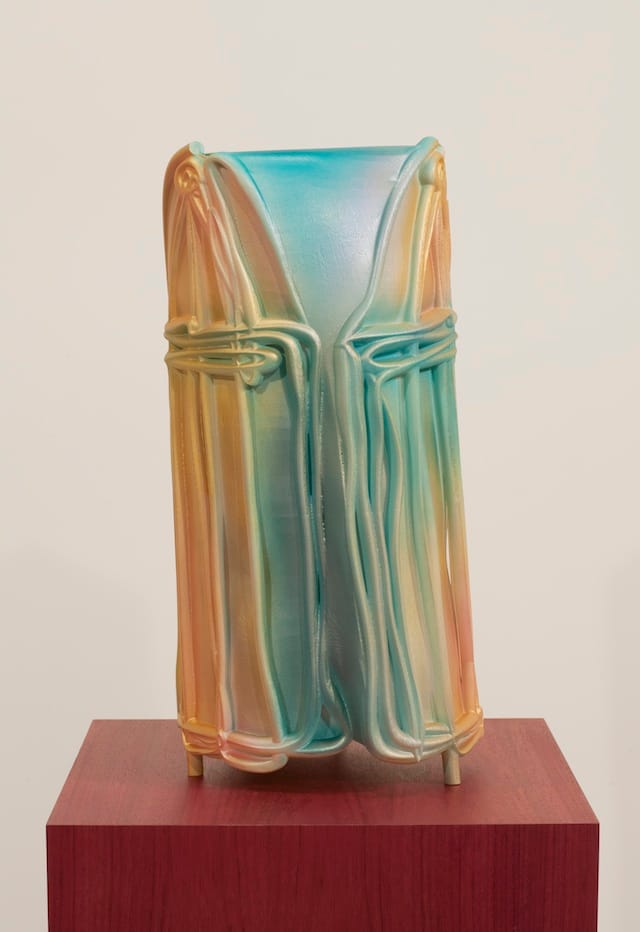 Jacolby Satterwhite, "Metonym IV (Gold)" (2014). Nylon, enamel, and artist's pedestal.