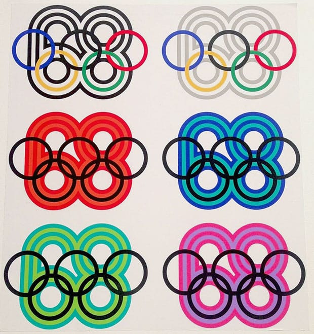 Some of Wyman's designs for the 1968 Olympic games in Mexico City (photo by Matt Stromberg for Hyperallergic)