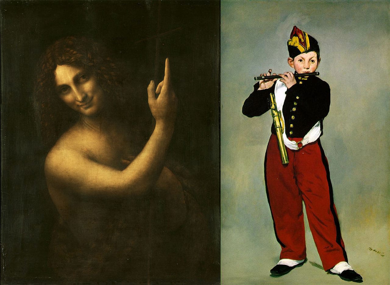 Slain sees similarities between Leonardo's "St. John the Baptist" and works by Manet, like "Fifer" (images via Wikipedia)