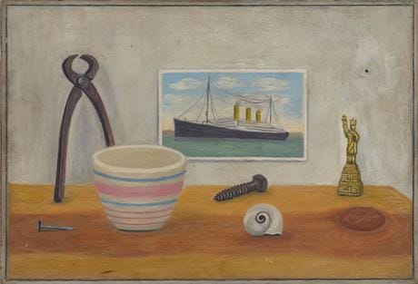 Rudy Burckhardt, "Purple Band" (1964), oil on board, 9 3/4 x 13 3/4 inches (all photos courtesy Tibor de Nagy Gallery)