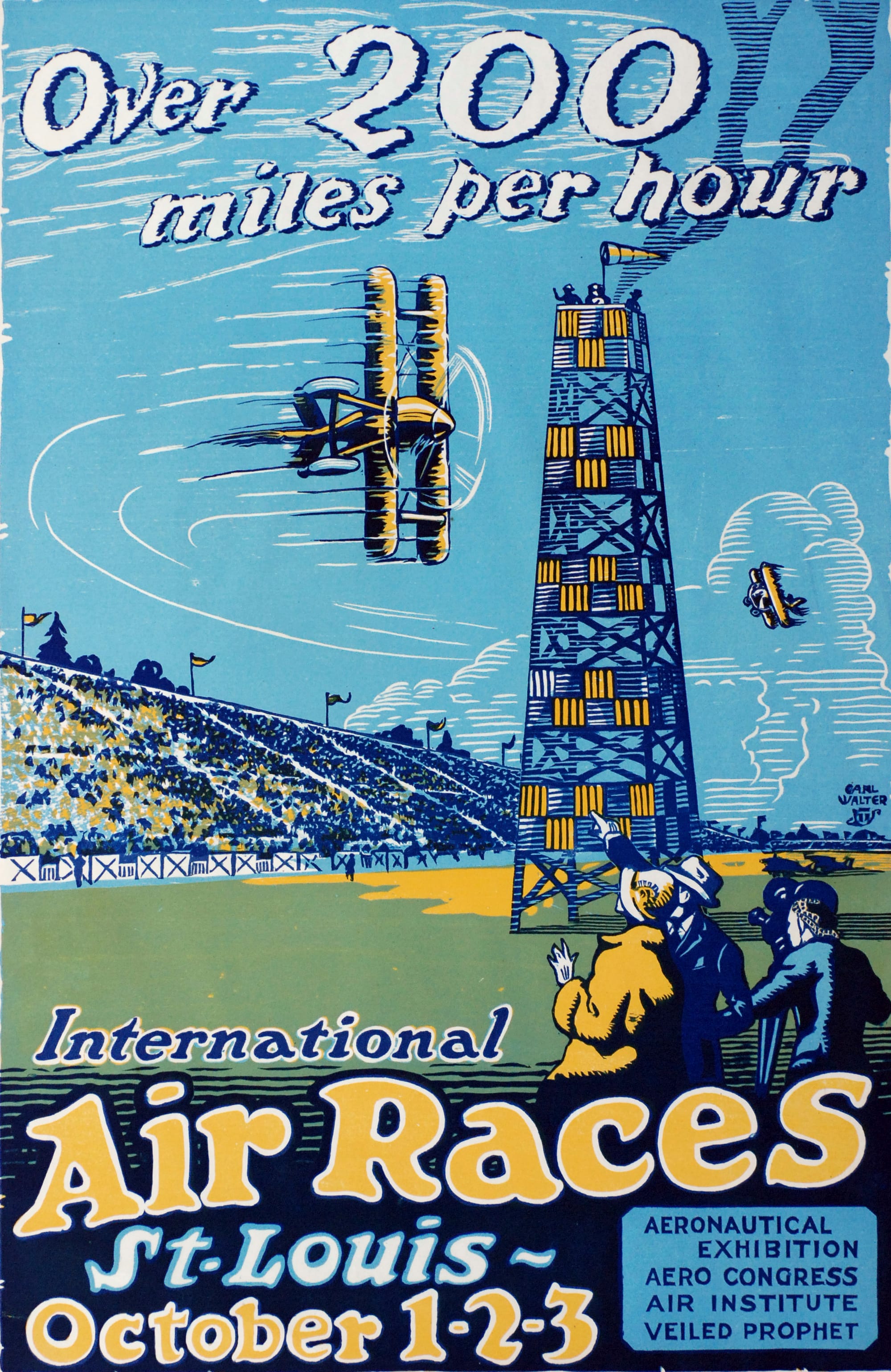 Over 200 miles per hour. International Air Races, St Louis, October 1-2-3, Carl Walter (American, dates unknown) (1923), Poster, color lithograph, Jean S. and Frederic A. Sharf Collection (Photo by Mark Wallison, courtesy of the Museum of Fine Arts, Boston)