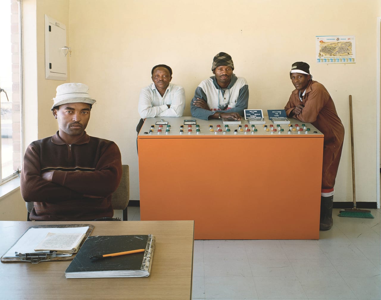 Seliane Vincent, Jonas Togo, Piet Jacobs, Albert Lekauta, operators of the sewage-treatment plant, Theunissen, Free State. 11 August 2004 ((c) 2014 David Goldblatt)