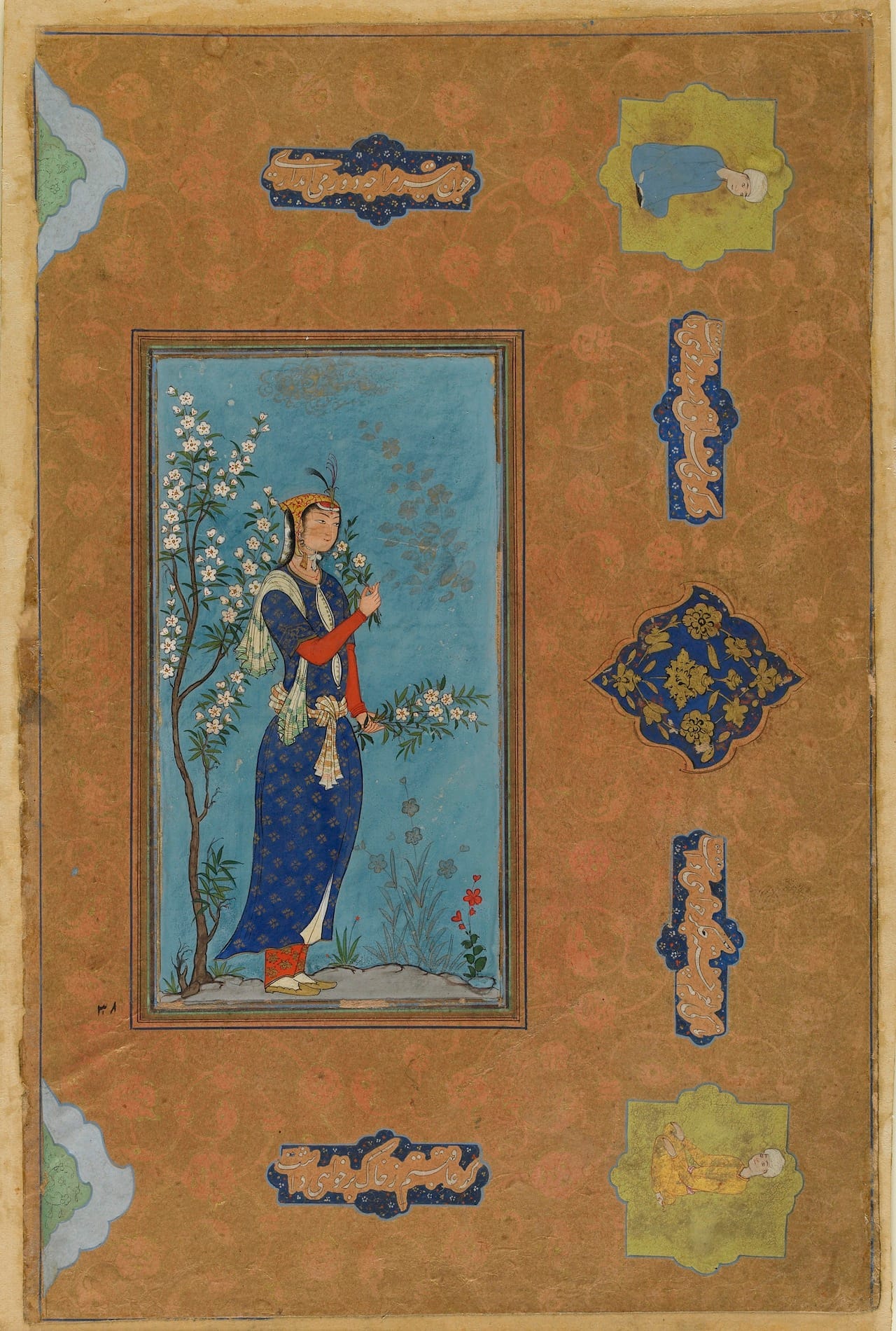 "Woman with a spray of flowers" (ca.1575), Iran, Safavid period, opaque watercolor and gold on paper, Purchase—Smithsonian Unrestricted Trust Funds, Smithsonian Collections Acquisition Program, and Dr. Arthur M. Sackler, Arthur M. Sackler Gallery, S1986.296