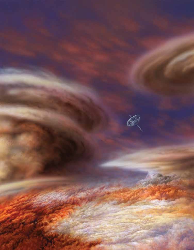 Lynette Cook (Page 69) Here Lynette Cook imagines the future exploration of HD168443c, a giant Jupiter-like planet orbiting a sunlike star. Like Jupiter, this planet probably has no solid surface on which a spacecraft could land, so the only way to explore it would be to drift among its towering clouds.