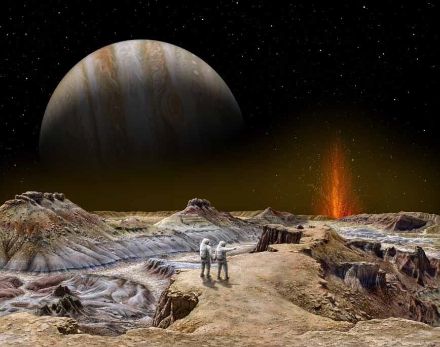 Marilynn Flynn (Page 41) In Shamshu Sojourn, a painting created in 2011, Marilynn Flynn depicts a pair of astronauts exploring the Shamshu region of Jupiter’s volcanic moon Io. The scene was inspired by a visit to the “Devil’s Kitchen” area near Greybull, Wyoming, a geologic oddity that appeared as the alien planet Klendathu in the 1997 film Starship Troopers.