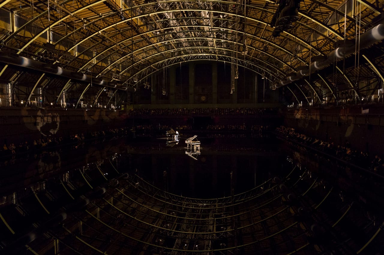Pianist Hélène Grimaud performing at Douglas Gordon's 'tears become… streams become…' at the Park Avenue Armory (phtoograph by James Ewing, courtesy Park Avenue Armory)