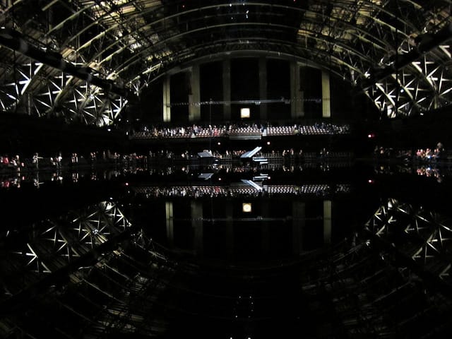 Installation view of Douglas Gordon's 'tears become... streams become...' at the Park Avenue Armory, following Grimaud's performance (photograph by the author for Hyperallergic)