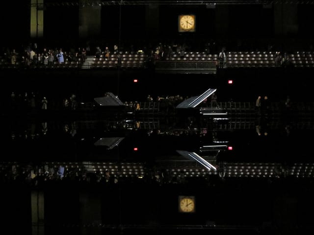Installation view of Douglas Gordon's 'tears become... streams become...' at the Park Avenue Armory, following Grimaud's performance (photograph by the author for Hyperallergic)