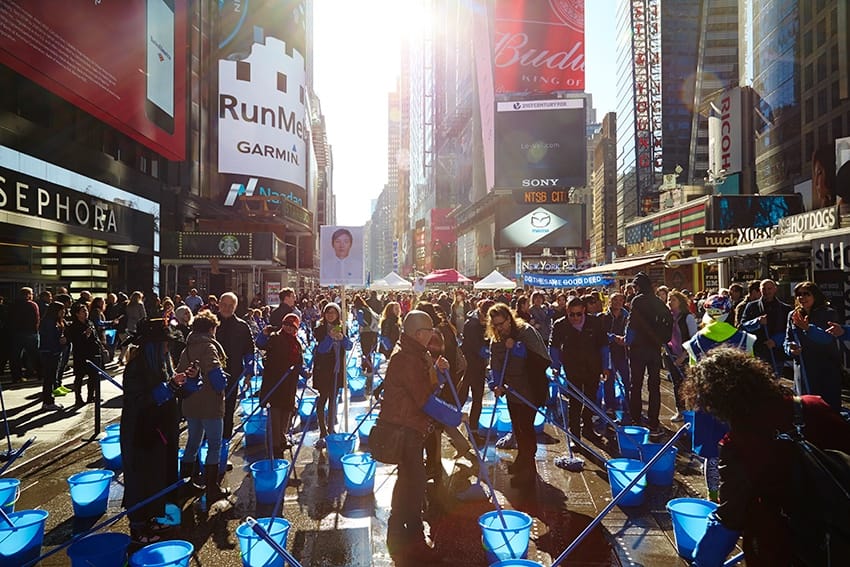 Polit-Sheer-Form-Office, "Do the Same Good Deed (Times Square)" (2014), presented by Queens Museum and Times Square Arts, the public art program of the Times Square Alliance (photo by Michael Williams for Times Square Arts, via queensmuseum.org)