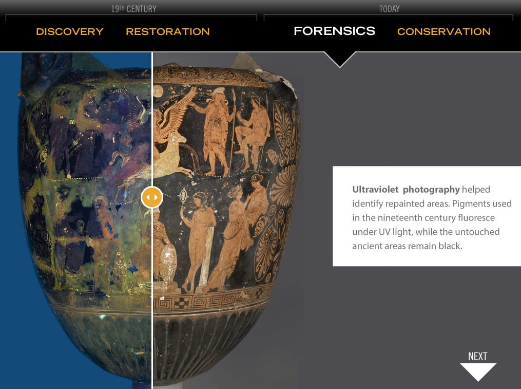 UV Light on the conserve Apulian vase (screenshot by the author from Getty Villa)