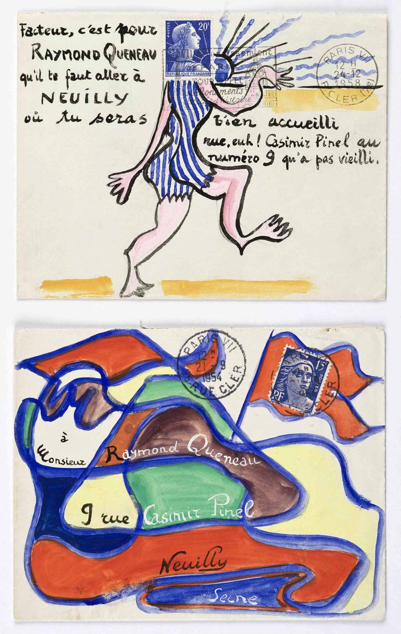 Jean Lescure, "Illustrated envelopes sent to Raymond Queneau” (©Oulipo Fund)