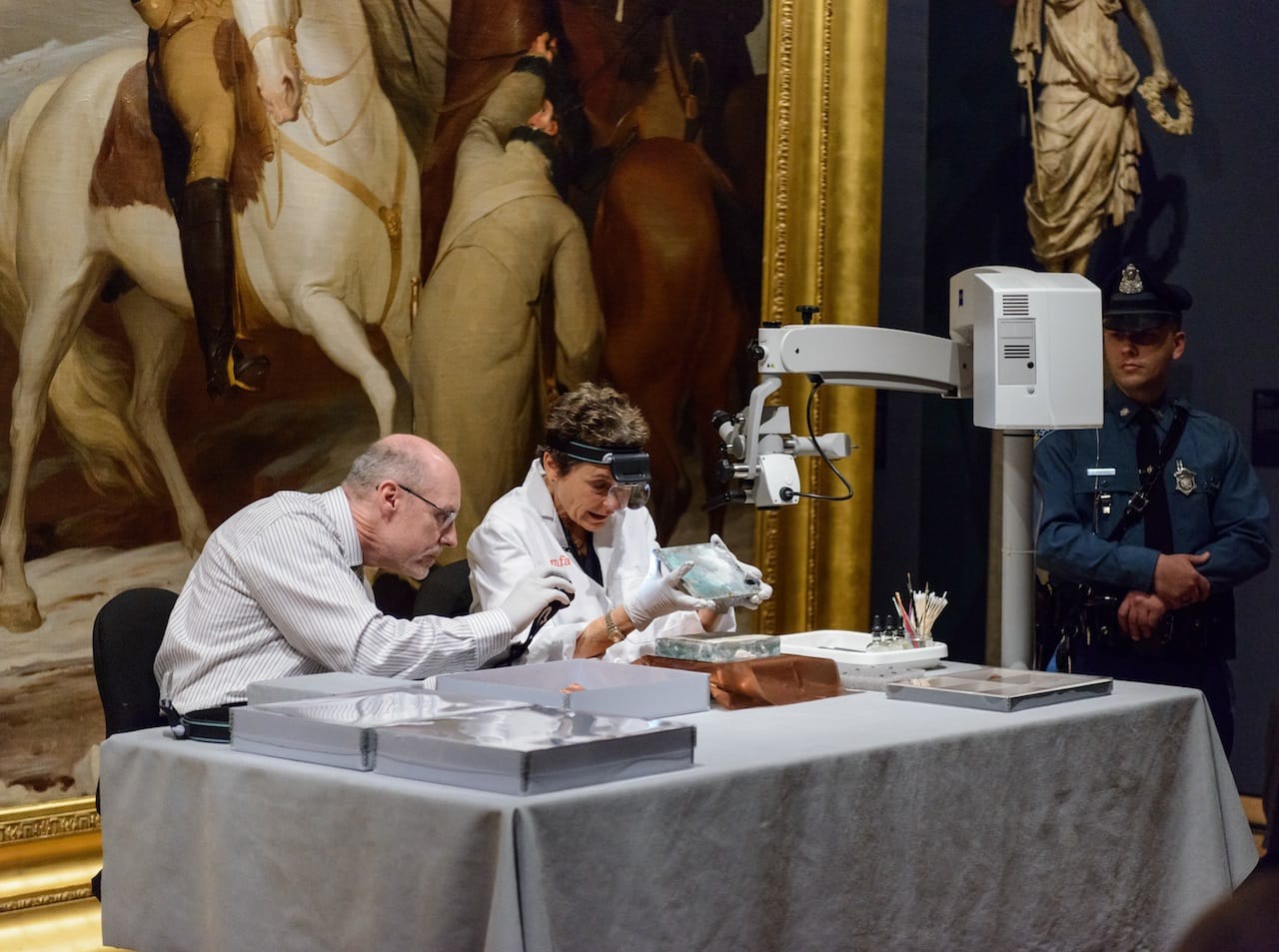 Pamela Hatchfield, Robert P. and Carol T. Henderson, Head of Objects Conservation at the Museum of Fine Arts, Boston and Michael Comeau, Executive Director, Massachusetts Archives. January 6, 2015 (Photograph courtesy of Museum of Fine Arts, Boston)