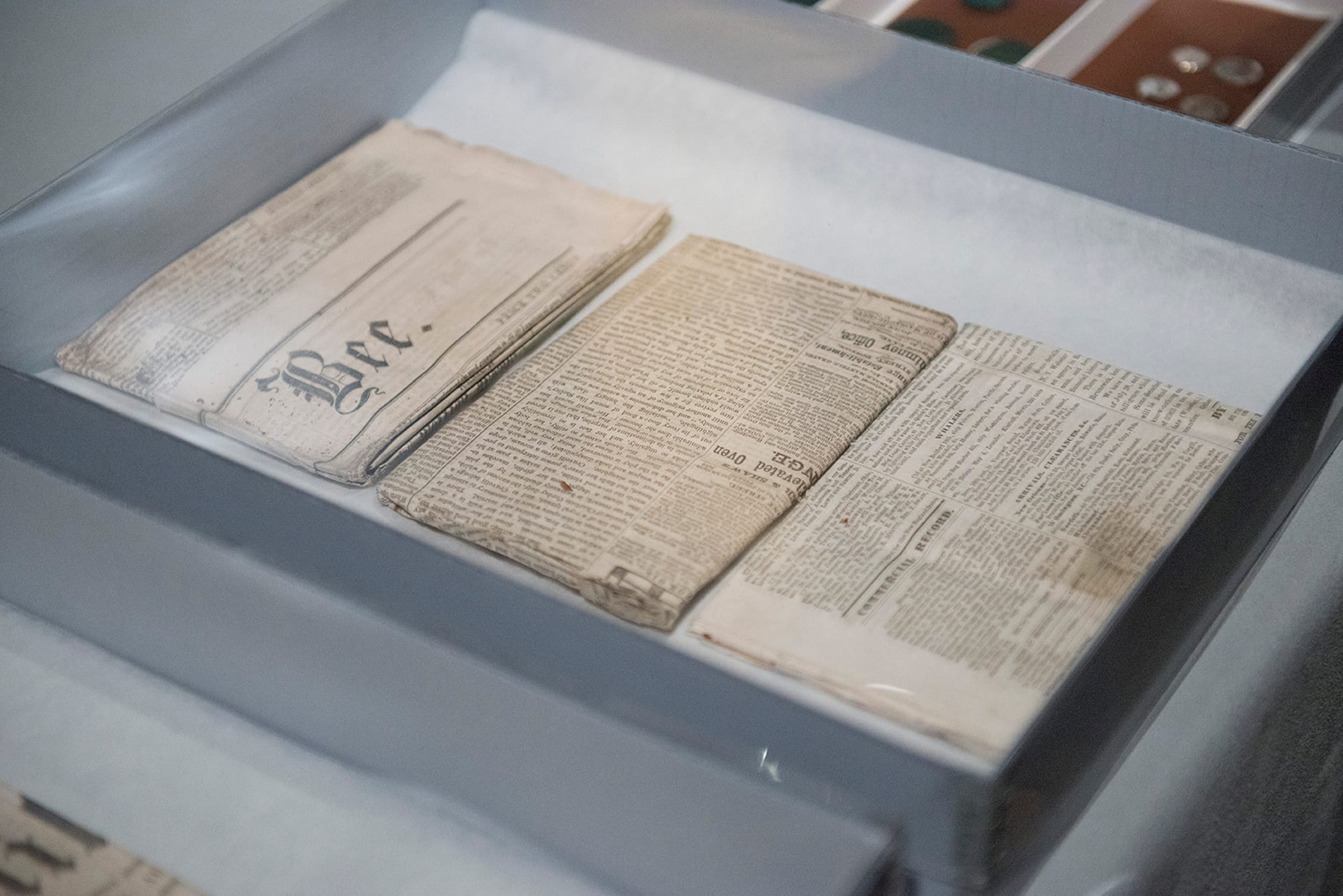 Contents of a time capsule found in the cornerstone of the Massachusetts State House building and undergoing examination and conservation work at the Museum of Fine Arts, Boston. January 6, 2015 (Photo courtesy of Museum of Fine Arts, Boston)