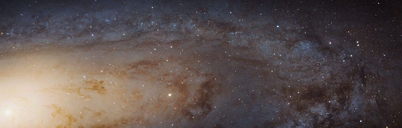 Sharpest ever view of the Andromeda Galaxy This image, captured with the NASA/ESA Hubble Space Telescope, is the largest and sharpest image ever taken of the Andromeda galaxy — otherwise known as M31. This is a cropped version of the full image and has 1.5 billion pixels. You would need more than 600 HD television screens to display the whole image. It is the biggest Hubble image ever released and shows over 100 million stars and thousands of star clusters embedded in a section of the galaxy’s pancake-shaped disc stretching across over 40 000 light-years. This image is too large to be easily displayed at full resolution and is best appreciated using the zoom tool.