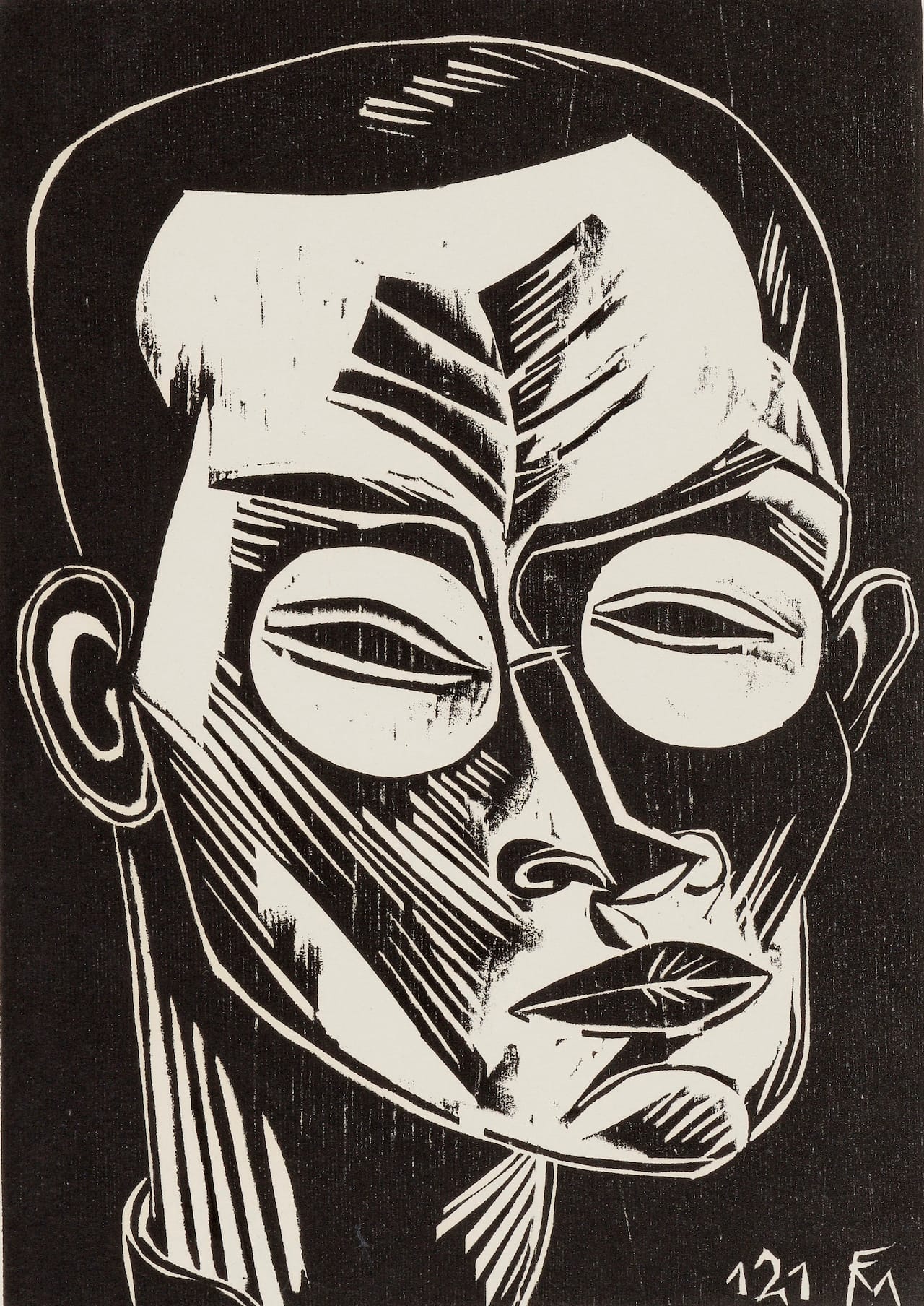Conrad Felixmüller, "Selbstbildnis" ("Self Portrait"), plate 24, from the illustrated book 'Deutsche Graphiker der Gegenwart' ('German Printmakers of Our Time') by Kurt Pfister (1919; published 1920), woodcut (Hood Museum of Art, Dartmouth College; gift of Susan E. Hardy, Nancy R. Wilsker, Sarah A. Stahl, and John S. Stahl in memory of their parents, Barbara J. and David G. Stahl, class of 1947)