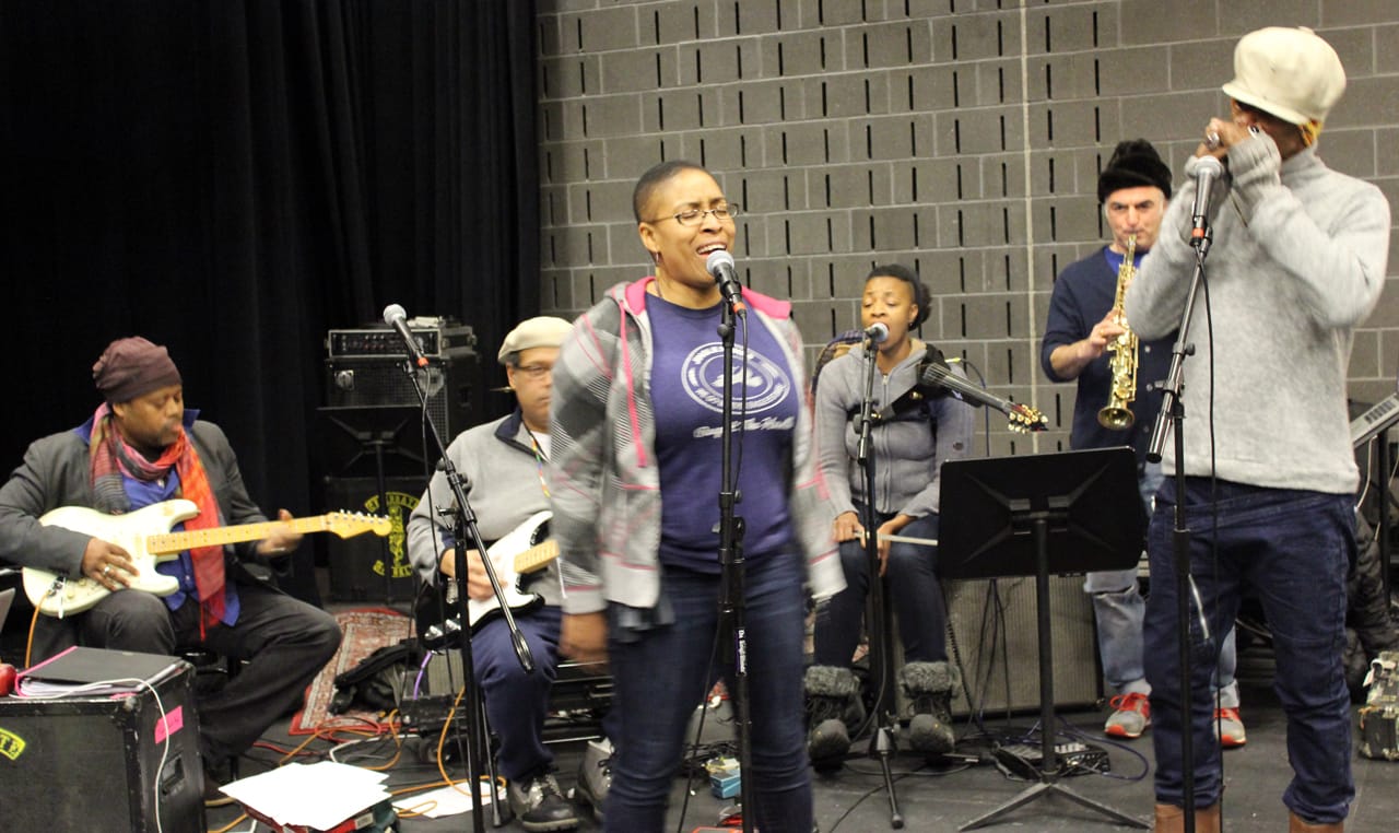 Members of Burnt Sugar the Arkestra Chamber in rehearsal for 'Brer Rabbit'; from left to right: Greg Tate, Andre Lassalle, Shelley Nicole, Mazz Swift, Avram Fefer, and Mikel Banks (photo by Aisha Cousins)
